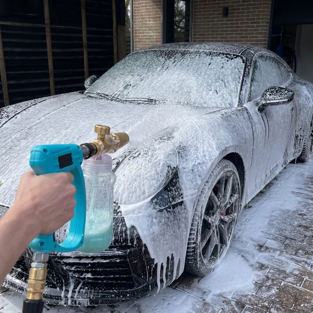 Porsche 911 ingezeept met snow foam tijdens een exterieur detail